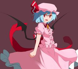 Rule 34 | 1girl, 60mai, bad id, bad pixiv id, bat wings, blue hair, bow, fang, female focus, hat, hat ribbon, jpeg artifacts, open mouth, puffy sleeves, red eyes, remilia scarlet, ribbon, short hair, short sleeves, solo, touhou, wings