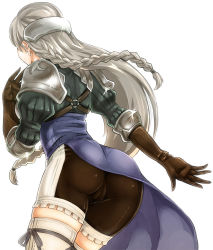Rule 34 | 1girl, armor, artdink, ass, braid, cameltoe, gloves, legs, long hair, no panties, ravness loxaerion, sato iori, shoulder pads, silver hair, simple background, solo, tactics ogre, thighhighs, thighs, twin braids, zettai ryouiki