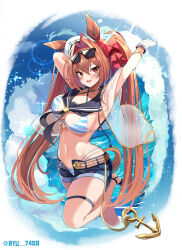 Rule 34 | 1girl, :d, absurdres, anchor, anchor symbol, animal ears, armpits, arms up, bare shoulders, bikini, black neckerchief, black sailor collar, blue bikini, blue shorts, blue sky, blush, bow, breasts, brown hair, cleavage, cloud, collarbone, commentary, daiwa scarlet (umamusume), day, ear ornament, eyewear on head, fang, groin, hair between eyes, hair bow, hair intakes, hat, highleg, highleg bikini, highres, horse ears, horse girl, horse tail, large breasts, lens flare, long hair, looking at viewer, navel, neckerchief, open fly, open mouth, red bow, red eyes, sailor collar, sailor hat, sandals, short shorts, shorts, sidelocks, skindentation, sky, smile, solo, stomach, striped bikini, striped clothes, sunglasses, swimsuit, sylph kim, tail, thigh strap, twintails, twitter username, umamusume, very long hair, white hat, wrist cuffs
