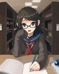 Rule 34 | 1girl, :d, bad id, bad pixiv id, blue-framed eyewear, blue eyes, book, bookshelf, brown hair, cardigan, eyebrows, glasses, hair ornament, hairclip, head tilt, highres, holding, holding pencil, indoors, library, long hair, looking at viewer, math, mechanical pencil, neckerchief, open book, open mouth, original, pencil, rjngo, roman numeral, school uniform, serafuku, sitting, sleeves past wrists, smile, solo, treble clef