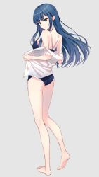 Rule 34 | 1girl, aqua eyes, ass, barefoot, blue hair, blue one-piece swimsuit, dress shirt, floating hair, full body, grey background, highres, hyuuga azuri, long hair, one-piece swimsuit, open clothes, open shirt, original, school swimsuit, see-through, shirt, simple background, soles, solo, standing, standing on one leg, swimsuit, undressing, very long hair, white shirt