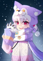 Rule 34 | 1girl, animal hands, badge, breasts, fate/grand order, fate (series), gloves, hair ribbon, highres, jewelry, kama (dream portrait) (fate), kama (fate), looking at viewer, multicolored clothes, multicolored sweater, nealayiskah, necklace, open mouth, paw gloves, pendant, purple headwear, purple scarf, purple sweater, red eyes, ribbon, scarf, short hair, small breasts, smile, snowing, solo, sweater, white hair, wolf hat