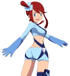 Rule 34 | 1girl, ass, blue eyes, breasts, creatures (company), female focus, game freak, gloves, gym leader, hair ornament, long hair, looking at viewer, midriff, nintendo, open mouth, pokemon, pokemon bw, red hair, shorts, sideboob, sidelocks, simple background, skyla (pokemon), smile, solo, standing, white background, yoshida keiji