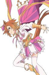 Rule 34 | 1girl, absurdres, animal ears, armor, boots, breasts, brooch, cape, closed mouth, commentary request, crown, highres, horse ears, horse girl, horse tail, jewelry, long sleeves, mini crown, miniskirt, multiple rings, orange hair, pink cape, purple eyes, ring, shirt, short hair, shoulder armor, simple background, skirt, small breasts, smile, solo, t.m. opera o (umamusume), tail, thighhighs, umamusume, white background, white shirt, white thighhighs, yellow footwear, yokkest
