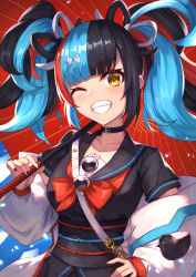 Rule 34 | 1girl, absurdres, bag, black hair, black nails, black sailor collar, black shirt, black skirt, blue hair, blush, bow, brown eyes, commentary request, fate/grand order, fate (series), grin, hair bow, hair ornament, hairclip, highres, holding, holding umbrella, jacket, long sleeves, looking at viewer, masaki (msk064), multicolored hair, nail polish, obi, off shoulder, oil-paper umbrella, one eye closed, open clothes, open jacket, puffy long sleeves, puffy sleeves, red bow, red hair, red umbrella, sailor collar, sash, sei shounagon (fate), shirt, short sleeves, shoulder bag, sidelocks, skirt, smile, solo, twintails, two-tone hair, umbrella, upper body, white bow, white jacket