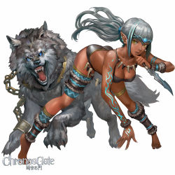 Rule 34 | 1girl, ankle wrap, ass, barefoot, bent over, bikini, blue eyes, breasts, canking, chain, chronos gate, cleavage, collar, colored skin, dagger, dark-skinned female, dark skin, fangs, female focus, fingernails, full body, jewelry, knife, leg warmers, long fingernails, long hair, looking to the side, necklace, parted lips, pointy ears, solo, spread legs, standing, swimsuit, tattoo, thigh strap, tribal, weapon, white background, wolf, yellow skin