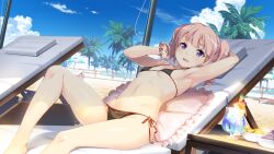 Rule 34 | 1girl, arm up, armpits, beach, bikini, black bikini, blue sky, breasts, chair, cocktail, day, drill hair, evenicle 2, game cg, looking at viewer, lounge chair, lying, non-web source, on back, outdoors, palm tree, parted lips, pink hair, purple eyes, rona heinlein, sand, shade, side-tie bikini bottom, sky, small breasts, smile, solo, sunlight, swimsuit, takkun (alicesoft), tree, twin drills
