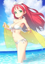 Rule 34 | 1girl, :&lt;, bandeau, bare shoulders, bikini, blush, bow, breasts, cleavage, cloud, day, fishkitty, from side, front-tie top, green eyes, hair bow, long hair, looking at viewer, medium breasts, navel, ocean, original, outdoors, partially submerged, red hair, shiny skin, side-tie bikini bottom, sky, solo, standing, swimsuit, wading, water, white bikini