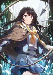 Rule 34 | 1girl, armor, black hair, blue eyes, crystal, enomaru saku, long hair, ribbon, smile, standing, weapon