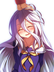 Rule 34 | 10s, 1boy, 1girl, ^ ^, arms behind back, bare shoulders, blush, brother and sister, closed eyes, closed eyes, hand on another&#039;s head, head pat, highres, long hair, no game no life, off shoulder, headpat, racer (magnet), school uniform, serafuku, shiro (no game no life), siblings, smile, sora (no game no life), upper body, wavy mouth, white background, white hair