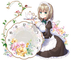 Rule 34 | 1girl, apron, blush, breasts, brown hair, commentary request, cup, frills, green eyes, holding, holding tray, large breasts, long sleeves, looking at viewer, maid, maid headdress, masuishi kinoto, original, plate, short hair, smile, solo, teacup, teapot, tray, waist apron, wrist cuffs