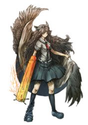 Rule 34 | 1girl, absurdres, akakatta, bow, brown hair, feathers, female focus, full body, hair bow, highres, long hair, looking at viewer, md5 mismatch, red eyes, reiuji utsuho, resolution mismatch, skirt, solo, source smaller, standing, touhou, transparent background, wings