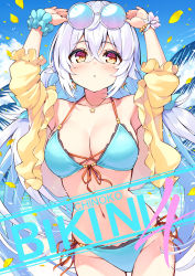 Rule 34 | 1girl, :c, aqua bikini, arms up, bare shoulders, beach, bikini, blue sky, blush, bracelet, breasts, cleavage, cloud, collarbone, contrapposto, cover, cover page, cropped shirt, cross-laced bikini, cross-laced clothes, earrings, eyewear on head, falling leaves, female focus, frilled bikini, frilled shirt, frills, front-tie bikini top, front-tie top, groin, hair between eyes, halterneck, hisen kaede, jewelry, large breasts, leaf, long hair, looking at viewer, navel, necklace, ocean, open clothes, open shirt, original, red eyes, shirt, side-tie bikini bottom, sidelocks, silver hair, sky, solo, star (symbol), star earrings, star necklace, stomach, string bikini, sunglasses, swimsuit, very long hair, yellow shirt