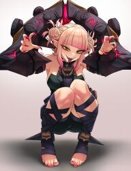 Rule 34 | 1girl, absurdres, blonde hair, blunt bangs, boku no hero academia, breasts, briar (league of legends), briar (league of legends) (cosplay), cosplay, double bun, earrings, fangs, fingernails, full body, gradient background, hair bun, highres, jewelry, knees, knees up, league of legends, medium breasts, nail polish, no shoes, pointy ears, red nails, shadow, sharp fingernails, sidelocks, simple background, solo, teeth, toeless legwear, toenail polish, toenails, toes, toga himiko, tongue, tongue out, unusualpie, wrist cuffs, yellow eyes