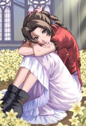 Rule 34 | 1girl, aerith gainsborough, black footwear, braid, braided ponytail, brown hair, closed mouth, commentary, dress, english commentary, final fantasy, final fantasy vii, final fantasy vii remake, fingernails, flower, green eyes, hair ribbon, highres, hugging own legs, indoors, jacket, kivavis, lips, long hair, looking at viewer, pink lips, pink nails, pink ribbon, pocket, red jacket, ribbon, shoes, short sleeves, sitting, smile, solo, white dress, yellow flower