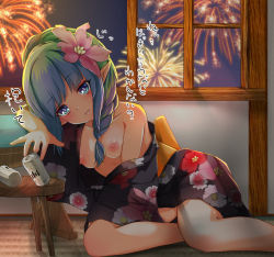 Rule 34 | 1girl, aerial fireworks, ameth (princess connect!), aono (f i s), beer can, black kimono, blue eyes, blue hair, blunt bangs, blurry, blurry background, braid, breasts, can, commentary request, depth of field, drink can, drunk, fireworks, floral print, flower, green hair, hair flower, hair ornament, indoors, japanese clothes, kimono, leaning to the side, looking at viewer, medium breasts, multicolored hair, night, night sky, nipples, off shoulder, open clothes, open kimono, parted lips, pink flower, pointy ears, princess connect!, print kimono, sidelocks, sitting, sky, smile, solo, sweat, table, translation request, two-tone hair, window