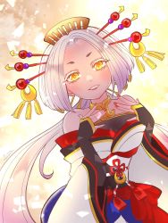 Rule 34 | 1girl, colored tips, crescent, highres, japanese clothes, looking at viewer, madoromine, multicolored hair, nail polish, nyacotto, pale skin, purple hair, seventh happiness, silver hair, smile, solo, traditional clothes, virtual youtuber, yellow eyes