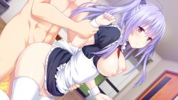 Rule 34 | 1girl, absurdres, arm grab, blush, bouncing breasts, breasts, breasts out, closed mouth, clothed female nude male, frills, from side, game cg, highres, indoors, legs, looking at viewer, maid, medium breasts, nekonyan, nipples, no panties, nude, original, purple hair, red eyes, sex, smile, solo focus, standing, thighhighs, thighs, tonari ni kanojo no iru shiawase ~summer surprise~, twintails, unaligned breasts, uryuu koume, vaginal, wooden floor, wrist cuffs