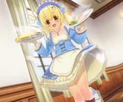 Rule 34 | 1girl, 3d, animal hair ornament, blonde hair, blue dress, blue eyes, blush, bread, brown footwear, cat hair ornament, collarbone, curtains, custom maid 3d, custom maid 3d 2, dress, eguze (sho1013), food, fried egg, hair ornament, highres, holding, jewelry, long hair, long sleeves, looking at viewer, maid, maid headdress, necklace, open mouth, plate, shoes, smile, socks, standing, steam, teeth, tomato, tray, twintails, waitress, white socks, window