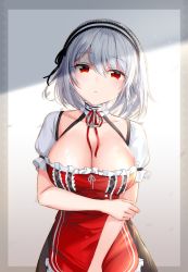 Rule 34 | 1girl, alternate color, arm across waist, azur lane, bad id, bad pixiv id, blush, breasts, choker, cleavage, closed mouth, collarbone, dress, hair between eyes, hairband, highres, lace-trimmed hairband, lace trim, large breasts, looking at viewer, luzzi (milllim), puffy sleeves, red eyes, short hair, short sleeves, sidelocks, sirius (azur lane), solo, white hair