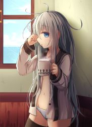 Rule 34 | 10s, 1girl, anchor print, bad id, bad twitter id, black thighhighs, blue eyes, blue sky, collarbone, commentary request, convenient censoring, cowboy shot, cup, day, eyebrows, grey hair, groin, hibiki (kancolle), holding, holding cup, indoors, kantai collection, kyuupura, long hair, long sleeves, looking at viewer, messy hair, navel, no pants, open clothes, open shirt, panties, parted lips, profile, school uniform, serafuku, shirt, sky, solo, steam, striped clothes, striped panties, tea, thighhighs, underwear, window