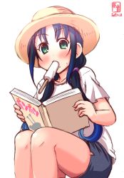 Rule 34 | 1girl, alternate costume, artist logo, blouse, blue hair, blush, book, casual, commentary request, dated, feet out of frame, food, green eyes, grey skirt, hat, highres, kanon (kurogane knights), kantai collection, long hair, look-alike, low twintails, mouth hold, popsicle, ribbon, shirt, simple background, sitting, skirt, solo, sun hat, suzukaze (kancolle), twintails, white background, white shirt