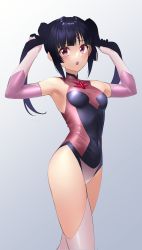 Rule 34 | 1girl, absurdres, black hair, blunt bangs, blush, breasts, covered navel, elbow gloves, gloves, highres, leotard, long hair, looking at viewer, nyanmaru, open mouth, pink eyes, pink leotard, senki zesshou symphogear, shiny skin, skin tight, small breasts, solo, standing, sweat, thighhighs, tsukuyomi shirabe, twintails