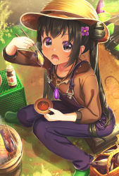 Rule 34 | 1girl, :o, aiuabo, black hair, boots, brown shirt, chopsticks, collarbone, cooking, eating, eggplant, garden, green footwear, grilling, hair bun, hat, highres, long hair, long sleeves, looking at viewer, md5 mismatch, nail polish, open mouth, original, outdoors, overalls, purple eyes, purple nails, resolution mismatch, shirt, sidelocks, single hair bun, sitting, solo, source larger, straw hat, teeth, twintails