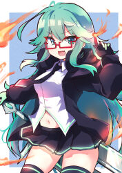 1girl absurdres ahoge aqua_eyes aqua_hair arm_up black_coat black_gloves black_necktie black_skirt black_thighhighs blue_background border borrowed_character breasts coat collared_shirt commission cowboy_shot double-parted_bangs double-parted_hair fang fire flipped_bangs glasses gloves glowing_trim green_trim happy highres index_finger_raised kurosaki_kousuke long_hair long_sleeves looking_at_viewer medium_breasts midriff miniskirt navel necktie open_clothes open_coat open_mouth original outstretched_arm partially_unbuttoned pleated_skirt pyrokinesis rectangular_eyewear red-framed_eyewear second-party_source shirt sidelocks skin_fang skirt solo standing sword thighhighs three_quarter_view v-shaped_eyebrows very_long_hair weapon weapon_behind_back white_border white_shirt wing_collar zettai_ryouiki