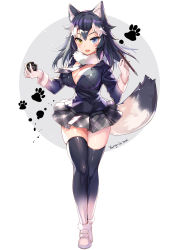 1girl, 2021, animal ears, artist name, black hair, blue eyes, blush, breast pocket, breasts, cleavage, dated, full body, fur collar, gradient, gradient legwear, grey wolf (kemono friends), heterochromia, highres, ink, jin young-in, kemono friends, large breasts, looking at viewer, multicolored hair, open mouth, plaid neckwear, pocket, skirt, solo, tail, thighhighs, two-tone hair, white hair, wolf ears, wolf girl, wolf tail, yellow eyes, zettai ryouiki