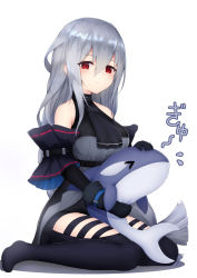 Rule 34 | 1girl, arknights, ascot, bare shoulders, black gloves, black pants, breasts, closed mouth, clothing cutout, commentary, detached sleeves, english commentary, gloves, grey hair, hair between eyes, highres, holding, holding stuffed toy, linez, long hair, looking at viewer, orca, pants, red eyes, shirt, sidelocks, simple background, sitting, skadi (arknights), skadi (elite ii) (arknights), sleeveless, sleeveless shirt, solo, stuffed animal, stuffed toy, thigh cutout, wariza, white background