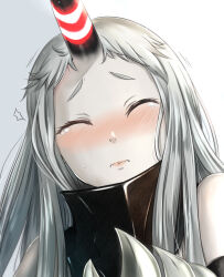Rule 34 | 1girl, abyssal ship, ankoku kishi m, bare shoulders, blush, claws, closed eyes, closed mouth, colored skin, commentary request, facing viewer, gradient background, grey background, grey hair, highres, horns, kantai collection, long hair, pale skin, seaport princess, simple background, single horn, solo, sweat, tears, upper body, white background, white skin