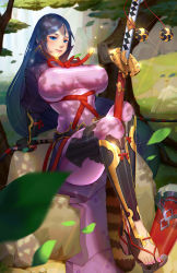 Rule 34 | 1girl, baschyf, black gloves, blue eyes, blue hair, bodysuit, branch, breasts, closed mouth, commentary request, covered erect nipples, curvy, falling leaves, fate/grand order, fate (series), fingerless gloves, gloves, grass, highres, holding, holding sword, holding weapon, katana, large breasts, leaf, loincloth, long hair, minamoto no raikou (fate), navel, outdoors, parted bangs, purple bodysuit, ribbed sleeves, rock, rope, sandals, sitting, smile, sword, tabard, topless, tree, very long hair, weapon