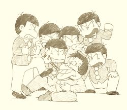 Rule 34 | 6+boys, asphyxiation, bow, bowtie, brothers, buck teeth, child, heart, heart in mouth, henocchi, incoming attack, incoming punch, iyami, lowres, male focus, matching outfits, matsuno choromatsu, matsuno ichimatsu, matsuno jyushimatsu, matsuno karamatsu, matsuno osomatsu, matsuno todomatsu, monochrome, multiple boys, osomatsu-kun, osomatsu (series), punching, restrained, retro artstyle, sextuplets, sheeeh!, siblings, strangling, teeth, tongue, tongue out, wing collar
