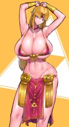 Rule 34 | 1girl, alternate breast size, anklet, bikini, bikini top only, blonde hair, blue eyes, bracelet, breasts, circlet, cowboy shot, dancer, harem outfit, highres, huge breasts, jewelry, long hair, looking at viewer, necklace, nintendo, pointy ears, princess zelda, solo, swimsuit, the legend of zelda, triforce, triforce earrings, wolffeld price