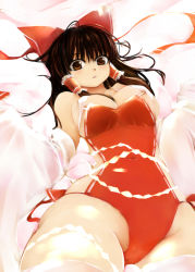 Rule 34 | 1girl, adapted costume, bad id, bad pixiv id, bow, breasts, brown eyes, brown hair, cleavage, detached sleeves, female focus, hair bow, hair tubes, hakurei reimu, large breasts, long hair, looking at viewer, lying, on back, solo, thick thighs, thighhighs, thighs, touhou, wrestling outfit, yostxxx