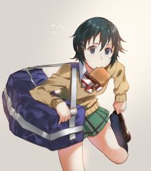 Rule 34 | 1girl, bag, blue eyes, blue socks, bow, bowtie, bread, bread slice, cardigan, coppelion, food, food in mouth, fukasaku aoi, green hair, hair ornament, hairclip, highres, kneehighs, loafers, looking at viewer, miniskirt, mouth hold, putting on shoes, school uniform, sendo (sendrawz), shoes, short hair, shoulder bag, simple background, skirt, socks, solo, standing, standing on one leg, striped bow, striped bowtie, striped clothes, striped neckwear, toast, toast in mouth