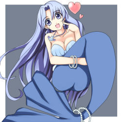 Rule 34 | 00s, 1girl, :d, ass, blue eyes, blue hair, bracelet, breasts, cleavage, earrings, gem, grey background, head tilt, heart, jewelry, knees to chest, large breasts, long hair, looking at viewer, matching hair/eyes, mermaid, mermaid melody pichi pichi pitch, miru, mole, mole under eye, monster girl, necklace, noel (mermaid melody pichi pichi pitch), open mouth, pearl (gemstone), pendant, seashell, shell, shell bikini, simple background, smile, solo