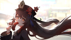 Rule 34 | 1girl, absurdres, bead bracelet, beads, black hat, bracelet, bright pupils, brown hair, brown shirt, chinese commentary, commentary request, eating, flower, flower-shaped pupils, food, food in mouth, genshin impact, hand up, hat, hat flower, hat tassel, highres, holding, holding food, hu tao (genshin impact), jewelry, kong ting, long hair, looking at viewer, looking back, outdoors, plum blossoms, porkpie hat, red eyes, shirt, solo, symbol-shaped pupils, twintails, white pupils, wide sleeves