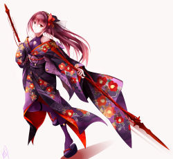Rule 34 | 1girl, absurdres, bow, brown hair, cleavage cutout, clothing cutout, dual wielding, fate/grand order, fate (series), floating hair, floral print, fudo shin, hair between eyes, hair bow, hairband, highres, holding, holding weapon, japanese clothes, kimono, leg up, long hair, nail polish, obi, pixiv fate/grand order contest 2, polearm, purple kimono, purple legwear, red bow, red eyes, sash, scathach (fate), simple background, smile, solo, spear, standing, standing on one leg, very long hair, weapon, white background, yukata