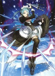Rule 34 | 1girl, apron, blue eyes, blue hair, dress, fire emblem, fire emblem cipher, fire emblem fates, flora (fire emblem), frills, ice, knife, long hair, maid, maid apron, maid headdress, matching hair/eyes, nintendo, official art, snow, snowing, solo, thighhighs, twintails, wada arco