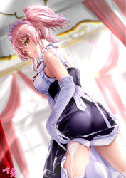 Rule 34 | 1girl, ass, bare shoulders, black dress, breasts, clothes lift, commentary request, dated, dress, dress lift, dutch angle, finger to mouth, garter straps, gloves, grin, highres, idolmaster, idolmaster cinderella girls, indoors, jougasaki mika, kneeling, lifting own clothes, looking at viewer, looking back, maid, medium breasts, ochi r, parted lips, pink hair, short hair, short twintails, signature, smile, solo, thighhighs, twintails, white gloves, white thighhighs, yellow eyes
