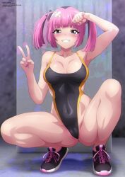 1girl black_eyes black_footwear black_hair black_one-piece_swimsuit blush breasts collarbone competition_swimsuit coral_(pokemon) covered_erect_nipples creatures_(company) double_bun game_freak grin hair_bun hair_ornament highleg highleg_one-piece_swimsuit long_hair looking_at_viewer medium_breasts multicolored_hair nintendo one-piece_swimsuit paint_splatter paw_pose pink_hair pink_nails pokemon pokemon_(anime) pokemon_horizons shoes smile sneakers splatter spread_legs squatting streaked_hair swimsuit teeth twintails v zel-sama