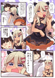 Rule 34 | ..., 1boy, 1girl, adapted costume, admiral (kancolle), alternate costume, black dress, blush, bow, candy, choker, clothes writing, comic, commentary request, costume, criss-cross halter, demon horns, demon tail, demon wings, dress, fake horns, food, grecale (kancolle), hair bow, hair ribbon, halloween, halterneck, heart, highres, horns, italian text, kantai collection, lollipop, long hair, long sleeves, military, military uniform, miniskirt, multiple hair bows, naval uniform, ribbon, see-through, short hair, single thighhigh, skirt, sleeveless, sleeveless dress, speech bubble, spoken ellipsis, star (symbol), star print, suzuki toto, sweatdrop, tail, tank top, tears, thighhighs, thought bubble, tongue, tongue out, translated, uniform, wavy mouth, wings