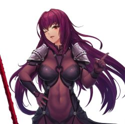 Rule 34 | 1girl, abs, armor, bodysuit, breasts, covered navel, fate/grand order, fate (series), finger gun, hair intakes, hand on own hip, highres, large breasts, long hair, navel, one eye closed, open mouth, polearm, purple bodysuit, purple hair, red eyes, scathach (fate), smile, solo, spear, usd (wwkr2537), very long hair, weapon