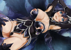 Rule 34 | 1girl, armpits, arms up, bad id, bad pixiv id, black wings, blue eyes, blush, breasts, cleavage, female pubic hair, large breasts, long hair, looking at viewer, lying, multiple wings, nippleless clothes, nipples, on back, persephone (p&amp;d), pointy ears, pubic hair, purple hair, pussy, puzzle &amp; dragons, shadow, smile, solo, uncensored, wings, yohane