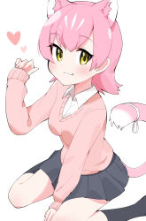 Rule 34 | 1girl, :3, alternate costume, bad id, bad pixiv id, black socks, blush, closed mouth, commentary, dress shirt, grey skirt, heart, highres, kemono friends, looking at viewer, miniskirt, panther ears, panther girl, panther tail, peach panther (kemono friends), pink hair, pink sweater, pleated skirt, ribbon, school uniform, shirt, short hair, simple background, sitting, skirt, sleeves past wrists, smile, socks, solo, sweater, tail, tail ornament, tail ribbon, takom, v-neck, wariza, white background, white ribbon, white shirt, wing collar, yellow eyes
