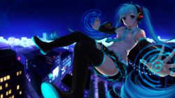 Rule 34 | 1girl, aqua eyes, aqua hair, bad id, bad pixiv id, cityscape, detached sleeves, foreshortening, hatsune miku, headphones, highres, long hair, midair, necktie, neon trim, night, night sky, outstretched arms, skirt, sky, solo, spread arms, thighhighs, twintails, very long hair, vocaloid, weyowang, zettai ryouiki