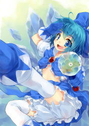 Rule 34 | 1girl, absurdres, adapted costume, bad id, bad pixiv id, bloomers, blue eyes, blue hair, bow, cirno, commentary, frog, gloves, hair bow, highres, ice, leg warmers, magical girl, redcomet, revision, salute, short hair, solo, thighhighs, touhou, underwear, wand, white thighhighs, wings