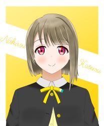 Rule 34 | 1girl, absurdres, artist name, artist request, black jacket, blush, bow, bowtie, breasts, brown hair, buttons, cardigan, close-up, collared shirt, female focus, grey hair, highres, jacket, light brown hair, long sleeves, looking at viewer, love live!, love live! nijigasaki high school idol club, nakasu kasumi, neck ribbon, nijigasaki school uniform, parted lips, pink eyes, purple eyes, ribbon, school uniform, shirt, short hair, small breasts, smile, solo, sweater, sweater vest, upper body, vest, white background, white shirt, yellow background, yellow bow, yellow cardigan, yellow ribbon, yellow sweater